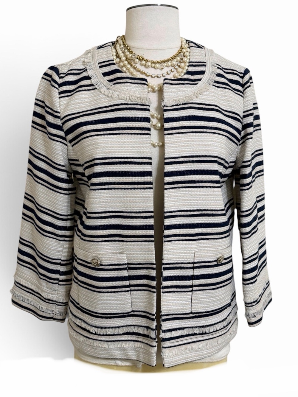 KARL LAGERFELD Cream Collarless Jacket Navy Stripes Woven Frayed Edges Sz 6